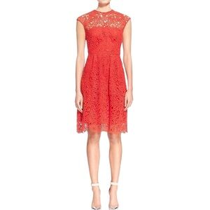 Lela Rose Red Jeweled Crochet Lace Fit & Flare Cocktail Dress Size 10 Large